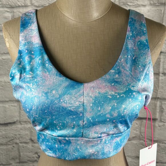 Juicy Couture Padded Sports Bra Women's Large Blue Aurora Print Thick Straps NWT - Picture 2 of 10